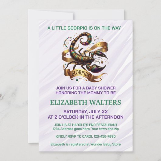 Scorpio Zodiac Baby Shower Lavender and Green 招待状 (正面)