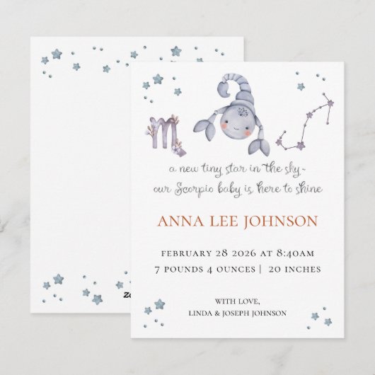 Scorpio Zodiac Birth Announcement シーズンカード (正面/裏面)