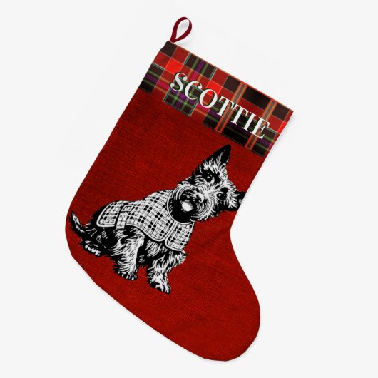 SCOTISHテリア犬、スコッチテリア犬 + タータンチェック ラージクリスマスストッキング (正面 (吊り時))