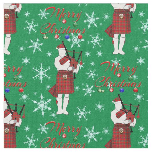 Scottish Bagpiper Merry Christmas with Snowflakes ファブリック (クローズアップ)