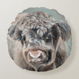 Scottish Highland Calf on Green ラウンドクッション
