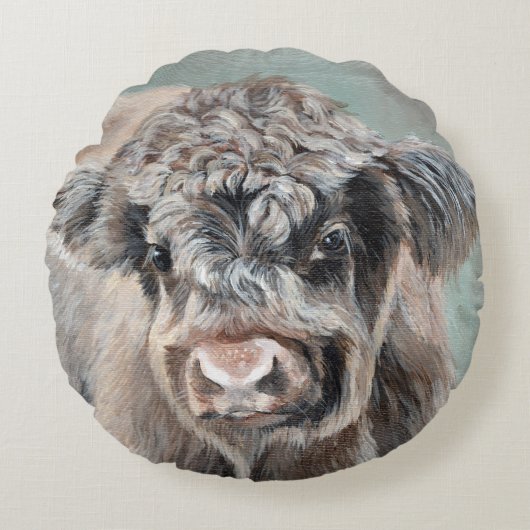 Scottish Highland Calf on Green ラウンドクッション (正面)