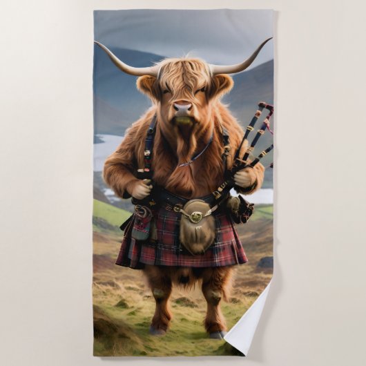 Scottish Highland Cow Bagpiper, ビーチタオル (正面)