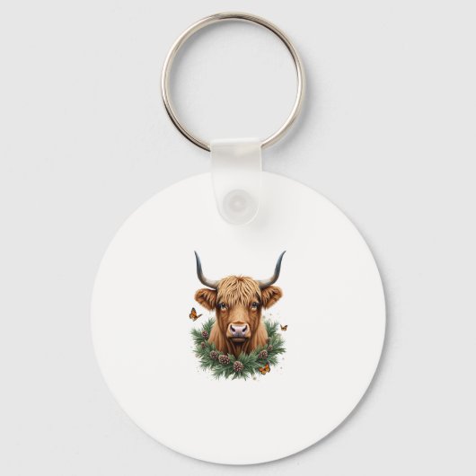 Scottish Highland Cow Cattle Hairy Cow Christmas W キーホルダー (正面)