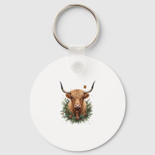 Scottish Highland Cow Cattle Hairy Cow Christmas W キーホルダー (正面)