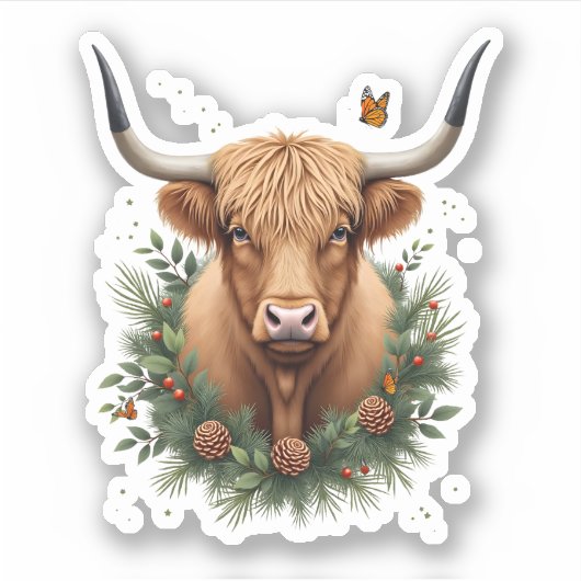 Scottish Highland Cow Cattle Hairy Cow Christmas W シール (正面)