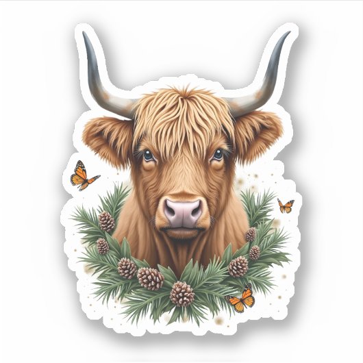 Scottish Highland Cow Cattle Hairy Cow Christmas W シール (正面)