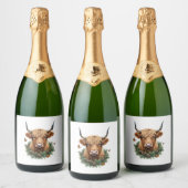 Scottish Highland Cow Cattle Hairy Cow Christmas W スパークリングワインラベル (ボトル)
