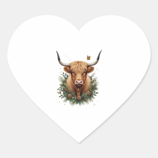 Scottish Highland Cow Cattle Hairy Cow Christmas W ハートシール (正面)