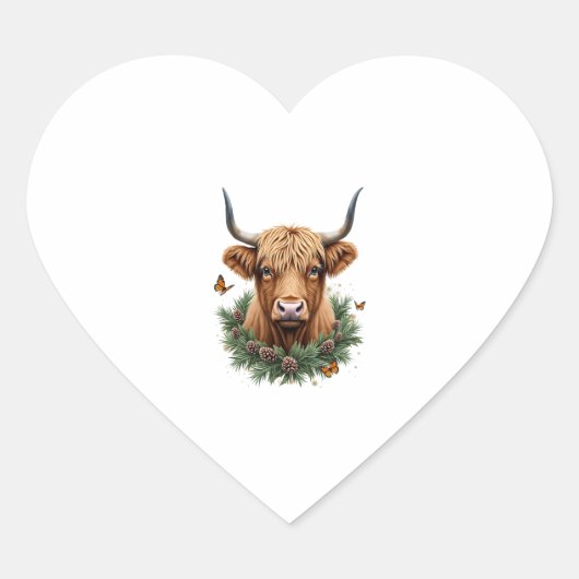 Scottish Highland Cow Cattle Hairy Cow Christmas W ハートシール (正面)
