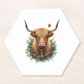 Scottish Highland Cow Cattle Hairy Cow Christmas W ペーパーコースター