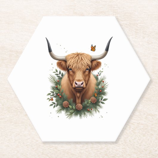 Scottish Highland Cow Cattle Hairy Cow Christmas W ペーパーコースター (正面)