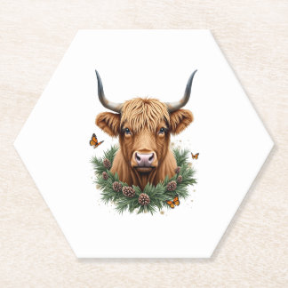 Scottish Highland Cow Cattle Hairy Cow Christmas W ペーパーコースター