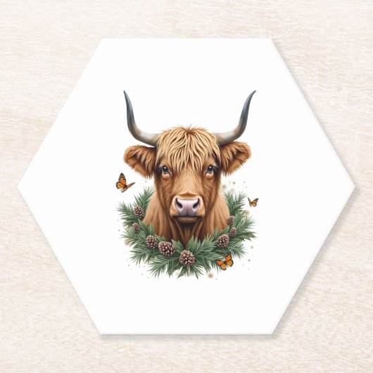 Scottish Highland Cow Cattle Hairy Cow Christmas W ペーパーコースター (正面)