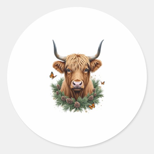 Scottish Highland Cow Cattle Hairy Cow Christmas W ラウンドシール (正面)