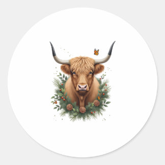 Scottish Highland Cow Cattle Hairy Cow Christmas W ラウンドシール