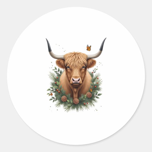 Scottish Highland Cow Cattle Hairy Cow Christmas W ラウンドシール (正面)