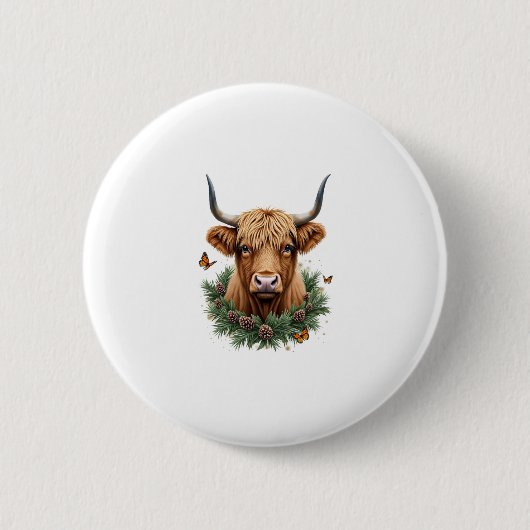 Scottish Highland Cow Cattle Hairy Cow Christmas W 缶バッジ (正面)