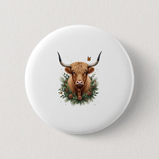 Scottish Highland Cow Cattle Hairy Cow Christmas W 缶バッジ (正面)