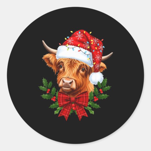 Scottish Highland Cow Christmas Funny Cow Lover Xm ラウンドシール (正面)