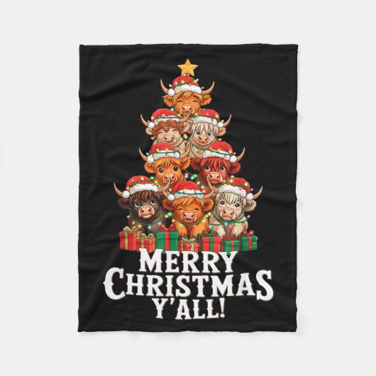 Scottish Highland Cow Christmas Tree Funny Cow Lov フリースブランケット (正面)