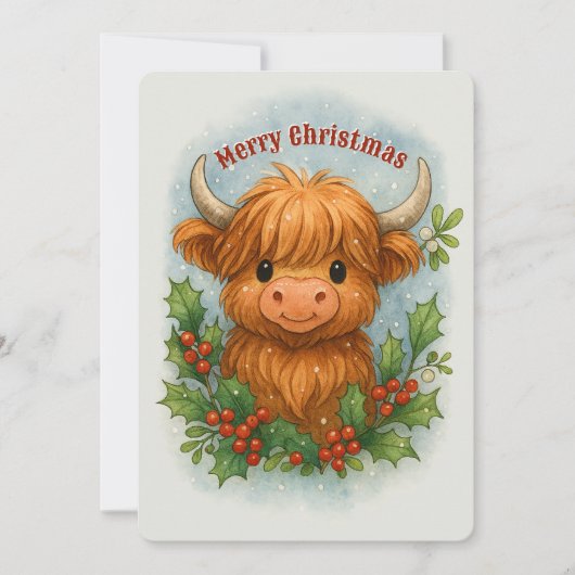 Scottish Highland Cow Holly & Mistletoe Christmas シーズンカード (正面)