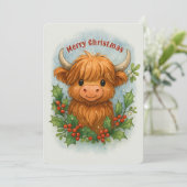 Scottish Highland Cow Holly & Mistletoe Christmas シーズンカード (スタンド正面)