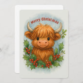 Scottish Highland Cow Holly & Mistletoe Christmas シーズンカード (正面/裏面)
