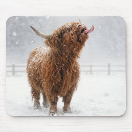 Scottish Highland Cow Licking Snowflakes マウスパッド (正面)