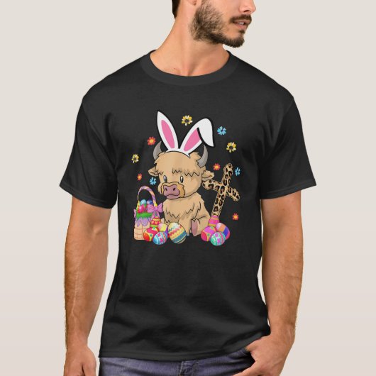 Scottish Highland Cow Print Easter Eggs Leopard Cr Tシャツ (正面)