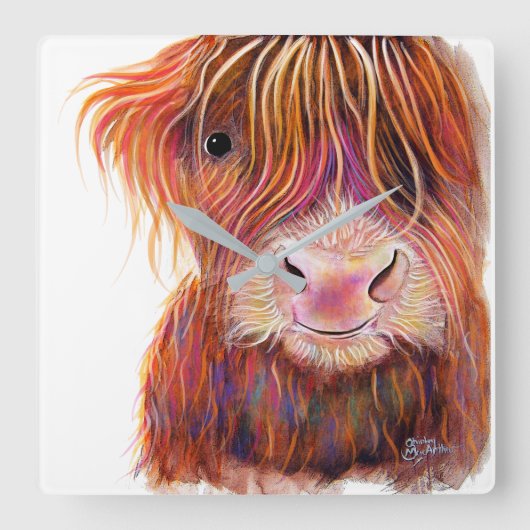SCoTTiSH HigHLaND CoW 'THe KiD 2 'SHiRLeYMac スクエア壁時計 (正面)