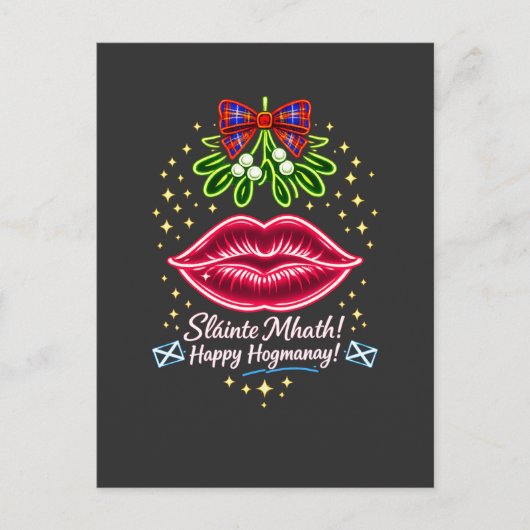Scottish Hogmanay Mistletoe Neon Tartan Gift ポストカード (正面)