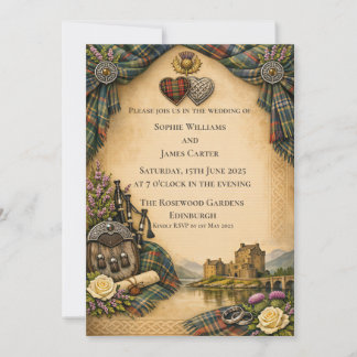 Scottish Tartan Celtic Hearts Thistle 結婚式招待状 招待状