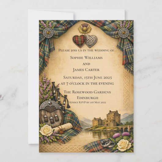 Scottish Tartan Celtic Hearts Thistle 結婚式招待状 招待状 (正面)