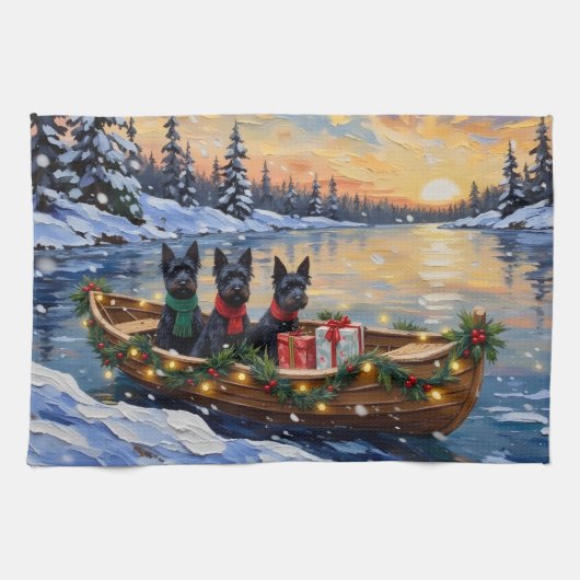 Scottish Terrier Christmas Boat Holiday キッチンタオル (横)