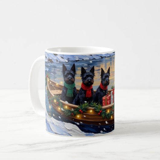 Scottish Terrier Christmas Boat Holiday コーヒーマグカップ (正面左)