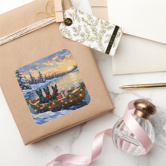 Scottish Terrier Christmas Boat Holiday スクエアシール (ギフト)