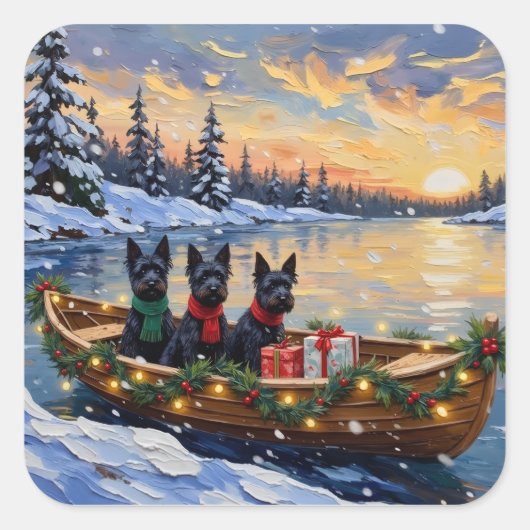 Scottish Terrier Christmas Boat Holiday スクエアシール (正面)