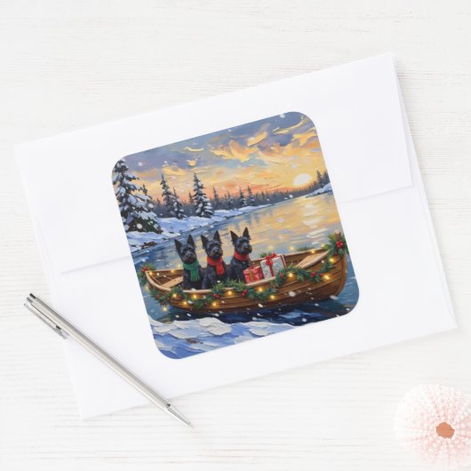 Scottish Terrier Christmas Boat Holiday スクエアシール (封筒)