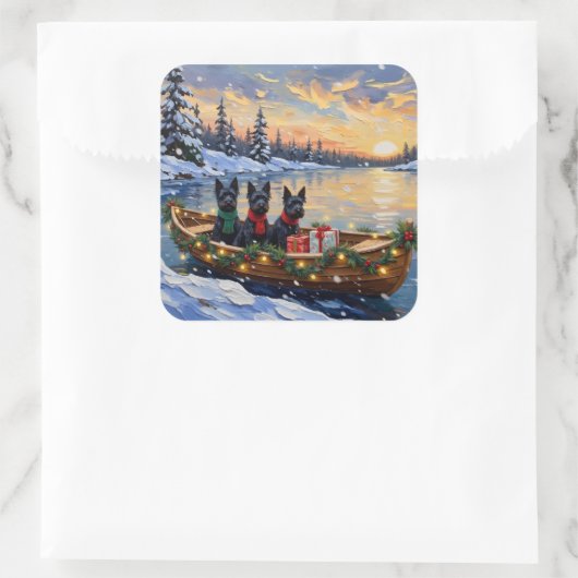 Scottish Terrier Christmas Boat Holiday スクエアシール (バッグ)