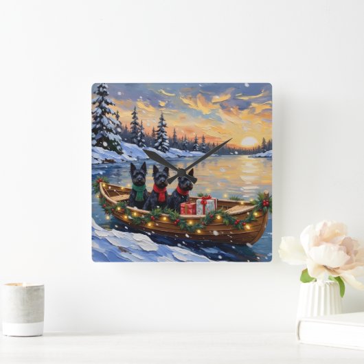 Scottish Terrier Christmas Boat Holiday スクエア壁時計 (ホーム)