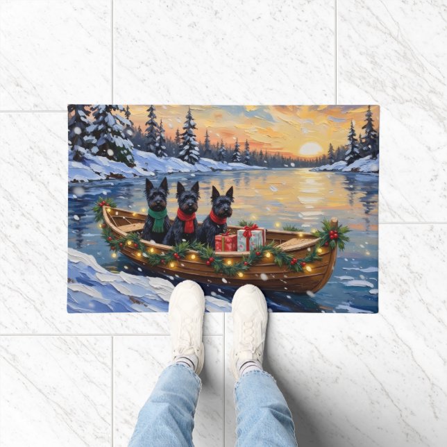 Scottish Terrier Christmas Boat Holiday ドアマット (室内)