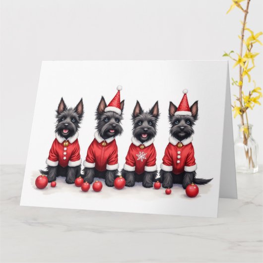 Scottish Terrier Christmas Dress Santa Hat カード (黄色い花)