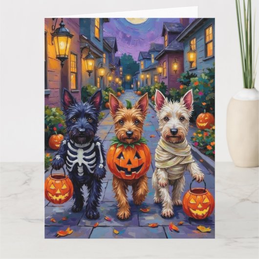 Scottish Terrier Dogs in Halloween Costumes カード (正面)
