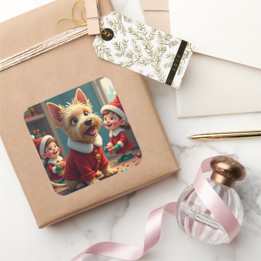 Scottish Terrier Helping Santa’s Elves Christmas スクエアシール (ギフト)