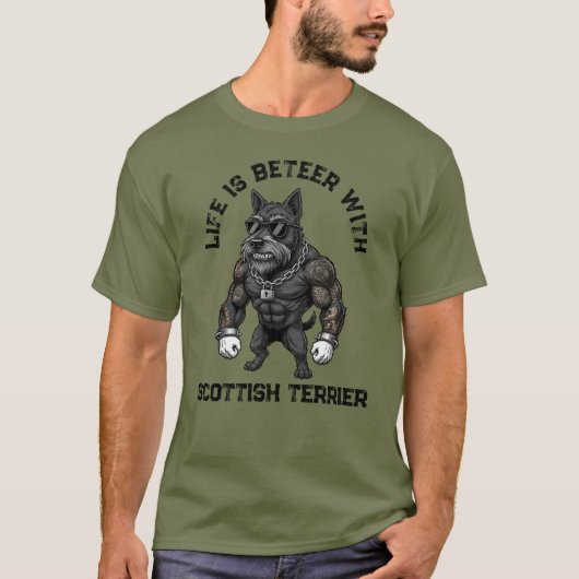 Scottish Terrier, muscular, tattooed, bodybuilder Tシャツ (正面)