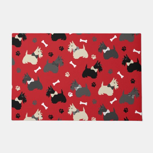Scottish Terrier Paws and Bones Red ドアマット (正面)