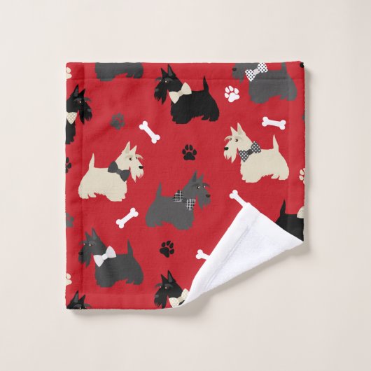 Scottish Terrier Paws and Bones Red バスタオルセット (ウォッシュタオル)