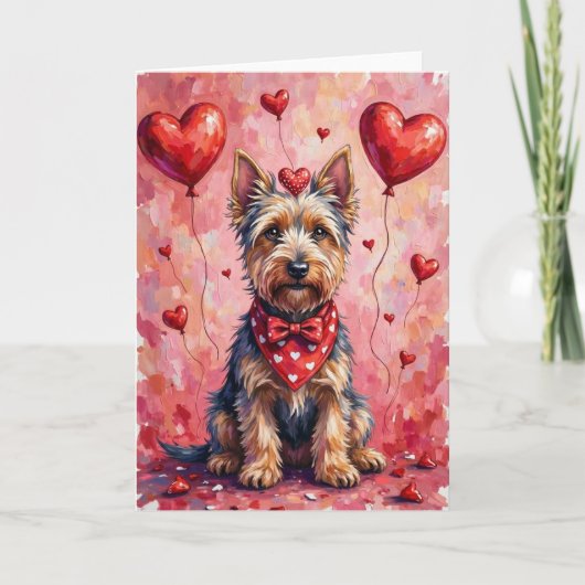 Scottish Terrier Valentine Dog Sitting with Hearts カード (正面)