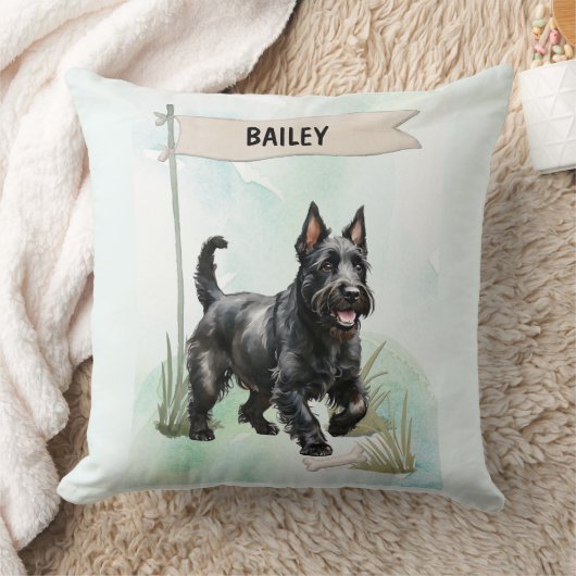 Scottish Terrier Watercolor Personalized Dog クッション (ブランケット)